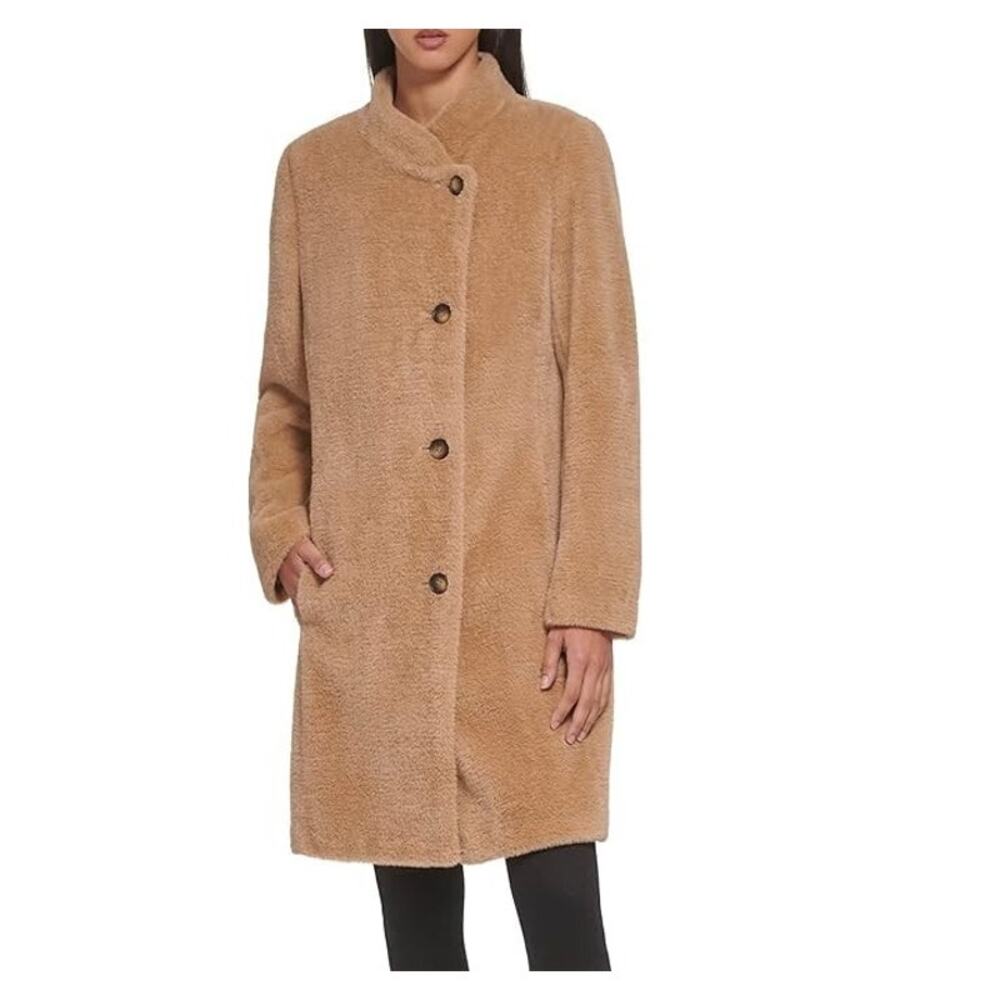 DKNY Women's Asymmetrical faux fur Button Up Coat Camel Sz M